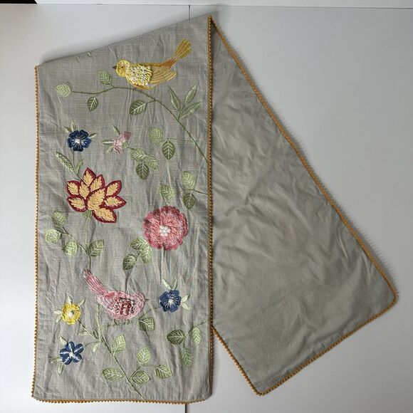 Floral Embroidered Table Runner Bird Nature Cottagecore Pom Trim 14x59" Boho - Picture 14 of 16
